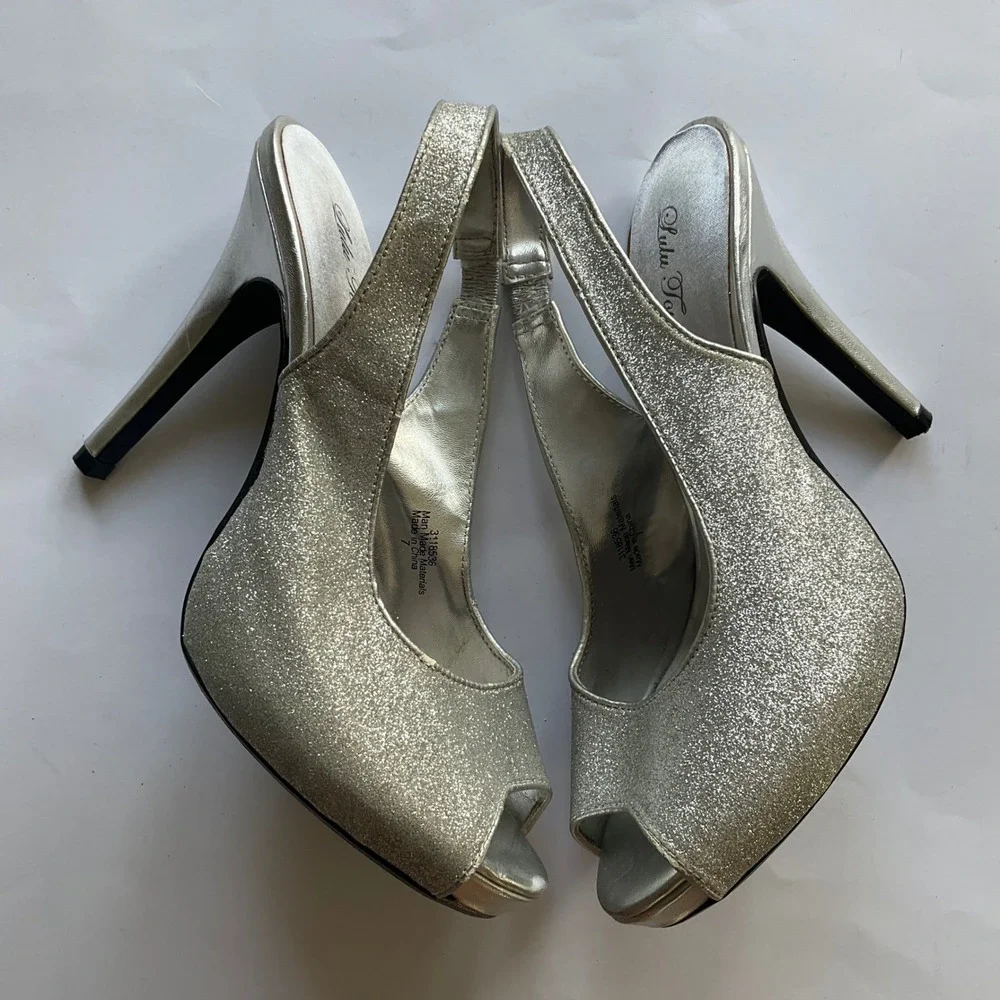 Lulu‎ Townsend Silver Glitter Peep Toe Slingback Platform Pumps Heels Stiletto 7
